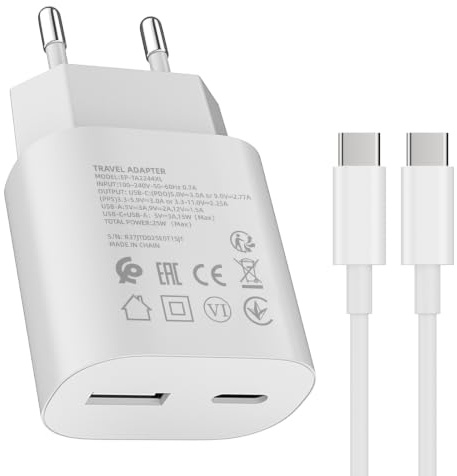 Schnellladegerät Ladeadapter netzteil 25W USB Typ-C 15W USB Typ-A Ladegerät Weiß mit Ladekabel 200cm für: Samsung Galaxy S25 S24 S23 S22 S21 S20 Ultra A56 A55 A54 A36 A35 iPhone 17 16 15 Pro/Max/Plus