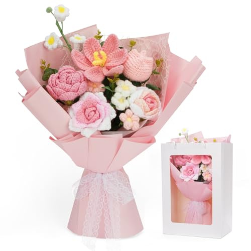 AIGOCITY Crochet Flowers Bouquet,Hand Knitted Rose Crochet Flower Bouquet for Home Decor Anniversary Weddings Birthdays Mother's Day with Gift Bag and Greeting Card, Pink