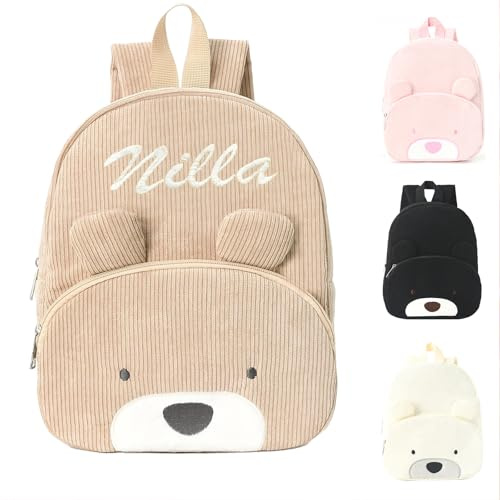 Personalisierte Rucksack Kinder Kindergarten mit Namen Aufsticken, Bär Kindergartenrucksack Mädchen & Jungen, Kita Rucksäcke Schulrucksack Kleinkind Kinderrucksack für Kindergarten Schule (Khaki)