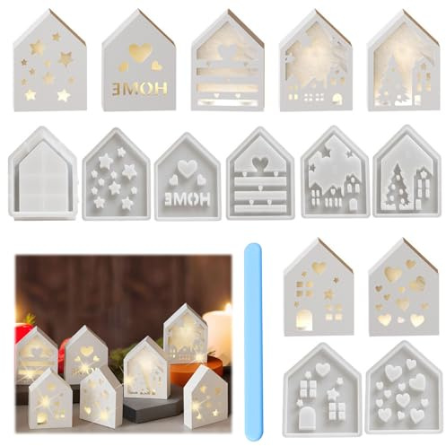 8PCS Silikonformen Gießformen Häuser - Silikonform Haus, Kerzenformen Zum Gießen, Silikonform Mini Häuser, DIY Gipsformen Mit Rillen mit Herzen Weihnachtsbaum Sterne, Epoxidharz Formen für Seife Gips