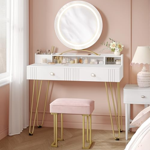 Hzuaneri sminkbord med pall och belysning, sminkbord med spegel, 40 × 90 × 140 CM, toalettbord med lådor, rosa klädd pall, sovrum, modern, mattvit och guld，DT42403XEU