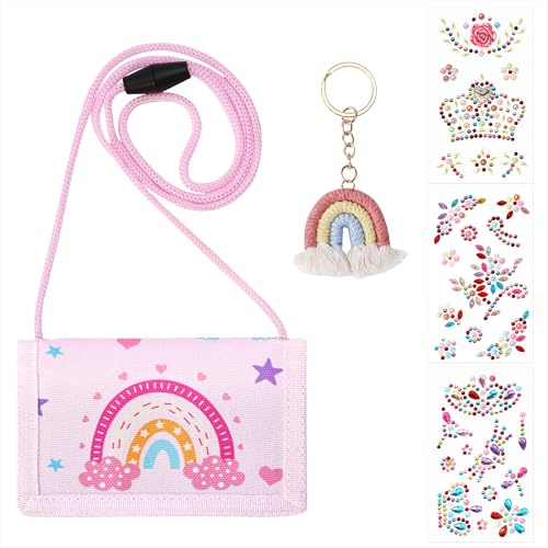 Portefeuille pour Enfant, Arc-en-ciel Rose Porte Monnaie Enfant Pliable avec Porte-clés et 3 Feuilles Strass Autocollant de Couleurs Aléatoires pour Filles École, Voyage, Cadeaux D'anniversaire