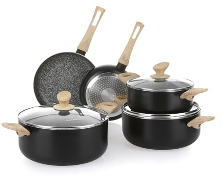 KASANOVA Black Stone Batteria Pentole Large in Alluminio – Set Antiaderente Nero con Manici Effetto Legno, Senza Nichel e PFOA, per Induzione e Tutti i Piani Cottura (8)