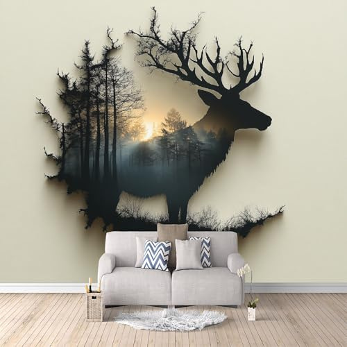 Mural Photo Wallpaper 3D Deer and Sunset Non-Woven Premium Art Print Wall Forest and Sunset Mural Home Bedroom Living Room Poster Decoration-200x140cm