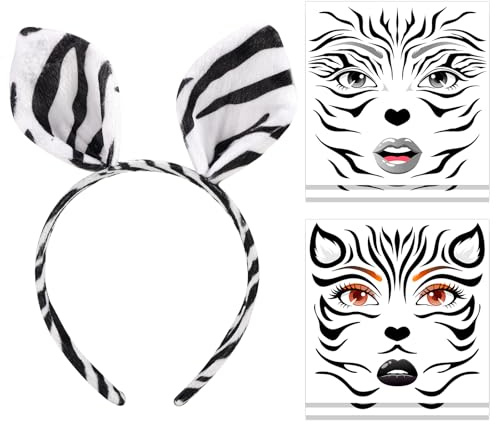 HOWAF Zebra Haarreif & Halloween Tattoo Gesicht, Ohren Haarreif für Zebra Kostüm, Halloween Karneval Fasching Kostüm Damen Herren