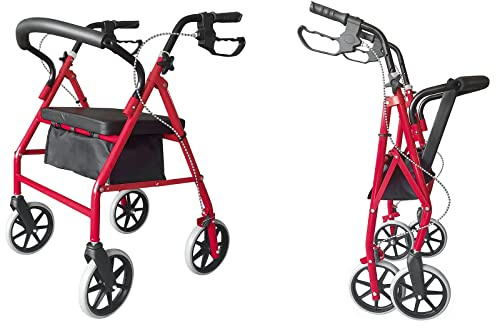 Iron Walker Mobility Aid, Black and Red Rollator with Adjustable Height 77-87cm, Padded Seat, Foldable Design, Storage Pouch, 130kg Capacity, Indoor Outdoor Use