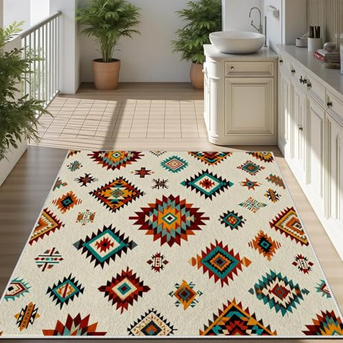 AUWUUA Sydvästlig matta för vardagsrum, 120 x 230 cm, indisk aztekisk design, tvättbar, etnisk geometri, kort lugg, halkfri, perfekt för matsalen eller gästrummet.