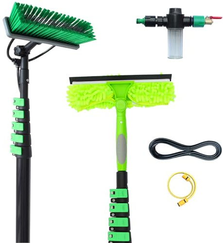 Kit de nettoyage de vitres avec brosse et perche télescopique de 7,2 m, comprenant une brosse alimentée en eau, une raclette, un distributeur de savon et un tuyau de 12 m. Perche de nettoyage de vit