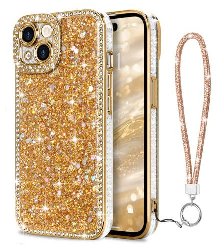 Lafunda for iphone 13 Case Glitter with Wrist Strap, Gold | Luxury Sparkly Shiny Diamonds Case for Women Girls, with Bling Strap Lanyard, Glossy TPU Bumper Shockproof Protective Cover