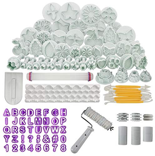 Fondant Backzubehör Set für Tortendeko, Fondant, Ausstecher mit Auswerfer für Blume, Schneeflocken, Stern, Herz, Vogel, Nummer, Alphabet, Gitterroller mit Schneidscheibe, Abstandhalter, 104 Stücke