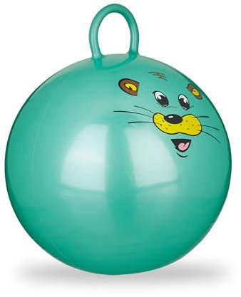 Relaxdays Palla per Saltare, con Maniglia, Adatta per Interno ed Esterno, con Disegni di Animali, 45 cm di Diametro, Verde