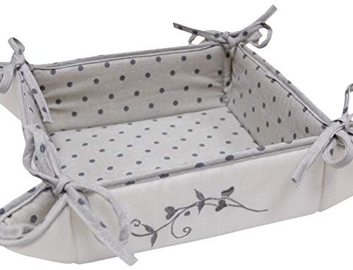 Panera de tela 35 x 35 cm – Cesta cuadrada para panecillos para atar en estilo rústico, color crema y gris claro con lunares con bordados, decorativa, sostenible, lavable, perfecta para pan, frutas o