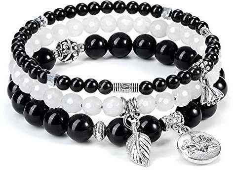 JSDDE Schmuck Wickelarmband Mehrschichtiges Armbänder Set Freundschaftsarmband Partnerarmbänder aus Edelsteine Heilsteine mit Lotus Blätter Anhänger für Damen Frauen (Obsidian)