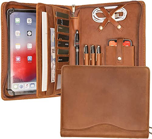 Calfinder Konferenzmappe A5, Schreibmappe, Leder mit a5 Klemmbrett/Reissverschluss, Echtleder Dokumentenmappe, Portfolio Folder Organizer Mappe, Tablet für iPad Pro 9.7/10.2/10.5/11 zoll, Braun