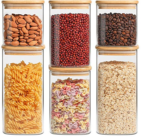 ComSaf 650ml/1100ml/1500ml Vorratsgläser mit Deckel 6er Set, Φ10cm Vorratdosen Glas mit Deckel, Luftdichte Vorratsglas zur Aufbewahrung Küchenzutaten, Verratsgläser für Spaghetti, Nudeln, Mehl