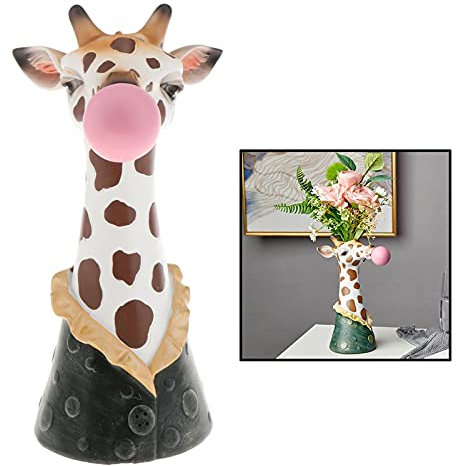 Resin Animal Head Giraffe Vase Blowing Bubbles Animal Face Dry Flower Vase Resin Flower Arrangement Planter Desktop Giraffe Head Sculpture Home Living Room Decoration