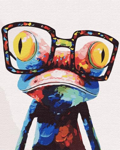 Artnapi Malen nach Zahlen Erwachsene mit Rahmen | DIY Handgemalt | Frosch mit Brille | Kit für Anfänger und Erwachsene | Set inklusive Acrylfarben & Pinsel | 40x50cm Leinwand | Ideal als Geschenk