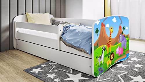 Bjird Kinderbett Jugendbett 70x140 80x160 80x180 Weiß mit Rausfallschutz Matratze Schublade und Lattenrost Kinderbetten für Mädchen und Junge - Safari 140 cm