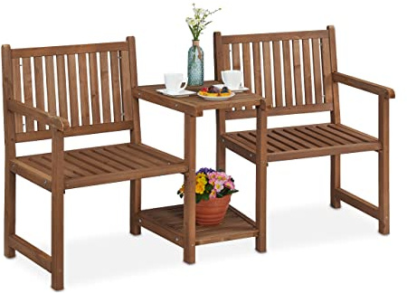 Relaxdays Panca da Giardino con Tavolino Integrato, 2 Posti, Legno Robusto, Panchina Esterno per Blacone, Marrone Scuro