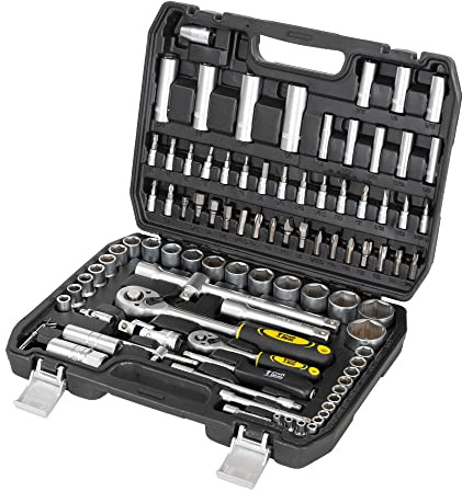 Craft-Meyer Zoll-Steckschlüsselsatz 94 Teile, Zöllig, Stecknüsse & Bits, Feinverzahnte Knarren, Solider Chrom-Vanadium-Stahl, Ideal für US-Fahrzeuge wie Oldtimer oder Motorräder