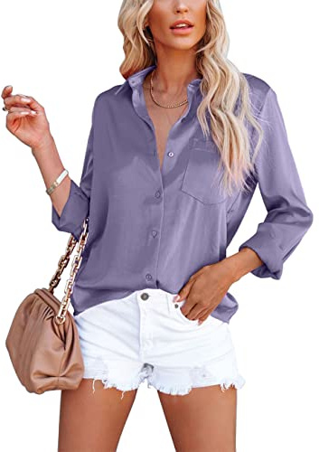 Homlan - Camicia da donna elegante con scollo a V, in raso, a maniche lunghe, casual, con tasca sul petto, viola., XL