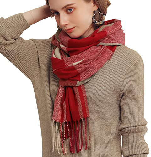 Baynetin Damen Winter Senior Plaid Kaschmir Schal,Kariert Pashmina Übergroßer Herbstschal Stolen,Tartan Schultertuch Mit Quasten,Karomuster Warmer Oversized Fransen Poncho