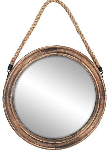 Funly mee Rustikaler runder dekorativer Spiegel mit Massivholzrahmen und Seilaufhängung, Bauernhaus-Wanddekoration (42 x 42 cm)