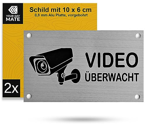 Hinweisschild Videoüberwacht, 2 Stück, 10 x 6 cm, gebürstete Aluminium Schilder mit Bohrlöchern, Warnschild für Innen- und Außenbereich, Videoüberwachung Schild, Achtung Kamera Überwachung Hinweis