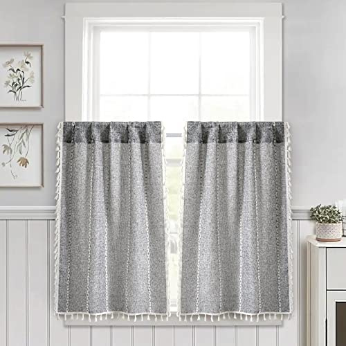 RoomTalks Dunkelgraue Boho-Bauernhaus-Küchenvorhänge, 91.4 cm lang, französisch gestreift, modern, Vintage-Chic, strukturierte Quaste, anthrazit, Küche, Badezimmerdekoration