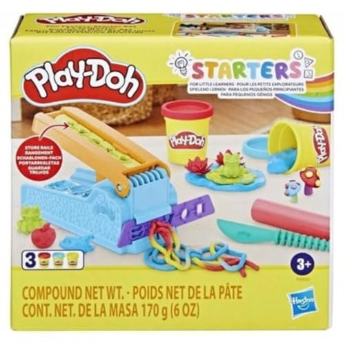 Play-Doh Knetwerk Starter Set, 3 x 56 g Dosen bunter Knetmasse, 2 Accessoires und Förmchenmaschine, Bastel-Set zum Formen und Entdecken, kreatives für Kinder ab 3 Jahren