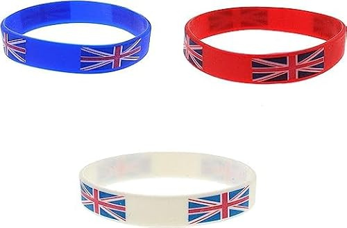MFD 3 X Red White Blue British Union Jack Flag Silicon Wrist Band Bracelets Set
