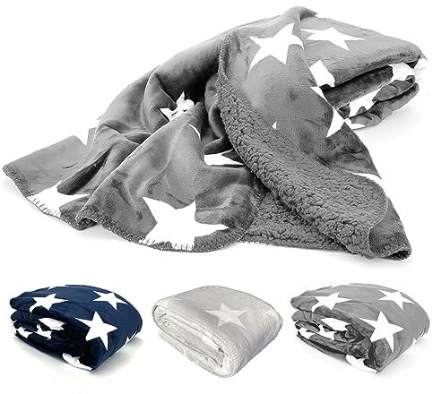 heimtexland ® Dicke Kuscheldecke Sterne Soft Flanell Sherpa Wohndecke warm 150x200 XL Winterdecke Typ855 Anthrazit