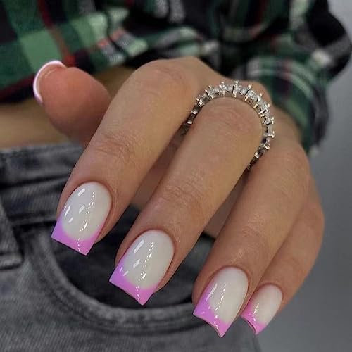 MouyouGlow Press on Nails Kurz,Square Weiß Lila French Fake Nails mit Nagelkleber,Eckig Kunstnägel Purple Tip Künstliche Fingernägel … …