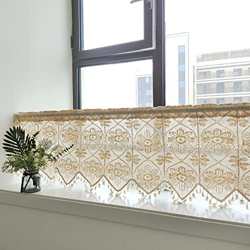 Ricemru Häkel Scheibengardinen Landhausstil Calliopsis Muster Gehäkelt Häkelgardine Vintage Kurz Küche Kurzstore Gardinen Bistrogardinen Kleine Fenstergardinen Türvorhang mit Quaste,100x38cm