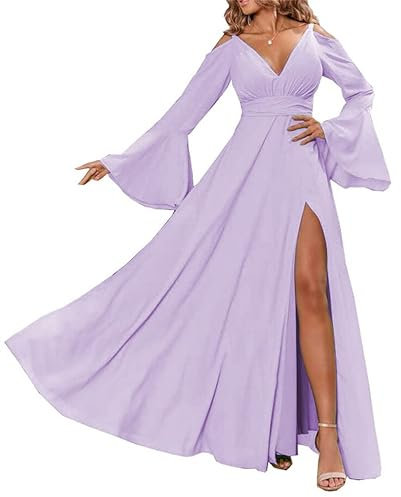 WSEYU Vestidos de dama de honor de manga larga para boda, hombros descubiertos, vestido de invitada de boda con abertura y cuello en V, vestido formal, Lila, 40