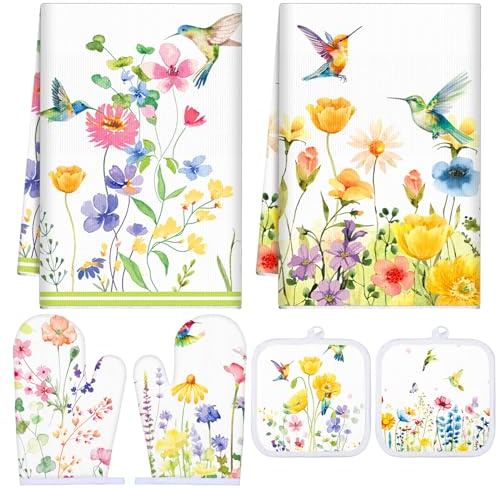 Sunnychicc 6 Pcs Spring Floral Kitchen Towels Pot Holders and Oven Mitts Set Hummingbird Flowers Farmhouse Absorbent Dish Towels Heat Resistant Pot Holders and Oven Mitts for Baking Cooking BBQ Gift