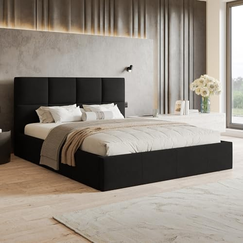 MOTIVENA Star Bett 180x200 Schwarz Samt, mit Stauraum, mit Kopfteil, mit Lattenrost, ohne Füße, ohne Matratze, Polsterbett 180x200 mit Bettkasten Schwarz