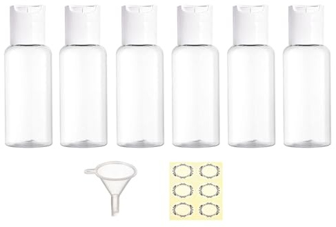 Apstaqeoo 6Pcs 50ML Travel Bottles for Toiletries TSA Approved Leakproof Plastic Empty Travel Size Container with White Disc Top Flip Cap with Label Funnel for Liquid Lotion Cosmetic（Transparent）
