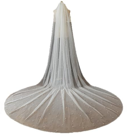 XIUWOUG Einlagiger Brautschleier mit Kamm mit Kathedralen-Langperlen 3 Meter Elegante Perlen Elfenbeinweiße Kristallperlen mit zartem Kamm,Elfenbein,3 * 3M
