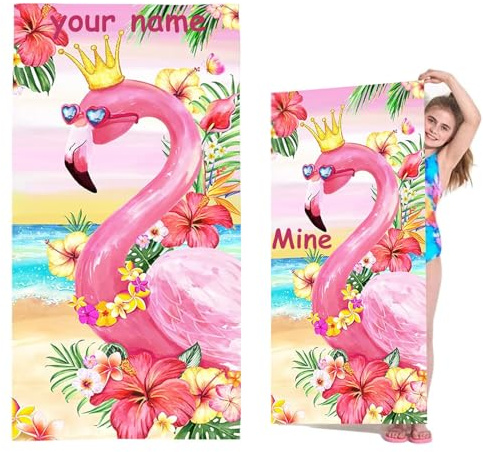 Fadaing Personalisiert Flamingo Strandtuch Mit Namen, Personalisierte Handtuch Badetuch Mit Namen Mikrofaser Strandtuch Groß 100x200cm Badetuch Flamingo Für Kinder (80 x 160 cm,1)