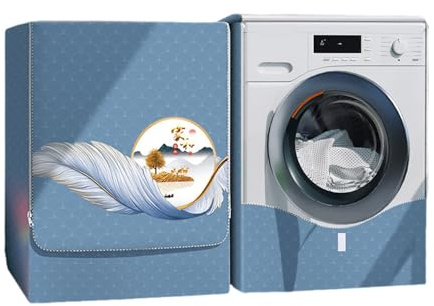 Odot Waschmaschinenabdeckung Wasserdichter Staubdicht Sonnenschutz für Frontlader-Waschmaschine Staubdichte Abdeckung Tumble Waschmaschine Trocknerschutz (Blaue Feder,XXL (10-12 kg))