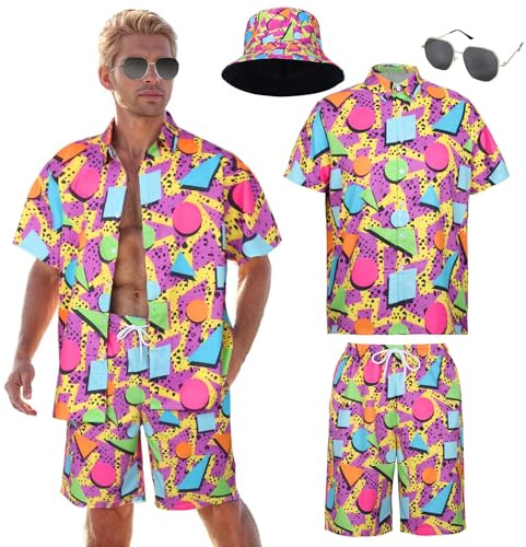 4Pcs Men's Hawaiian Party Summer Outfits Holiday Fancy Shirt and Shorts Set Tropical Beach Casual Aloha Short Sleeve Suits Hats Sunglasses