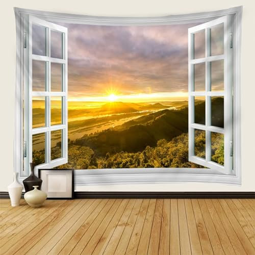 Mesnt Wandteppich Groß 200x200, Sonnenuntergang Berglandschaft vor dem Fenster Wandteppich für Schlafzimmer Wohnzimmer, 200x200cm