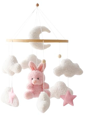 Herfair Mobiles Baby, Bettglocke Mobile Babybett mit Bär Plüschpuppe, Windspiel Babyzimmer Decor, Baby Bett Anhänger für Jungen und Mädchen (Rosa Hase)