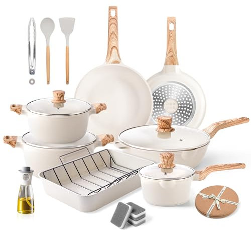 RIOVARM Induction Set de casseroles et poêles avec couvercles Granit antiadhésif Batterie de cuisine avec rôtissoire Marbre Ensemble d'accessoires de cuisine Poêle à frire Poêle à sauce Spatules