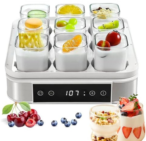 CHANGLKJ Yaourtière Numérique avec 9 Pots en Verre Réutilisables, Temps Et Température Réglables, Technologie De Chauffage PTC, Faible Consommation D'énergie, pour Yaourt Fait Maison, Vin De Fruits