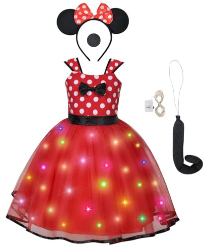 ACWOO Ragazza Minnie Pois Abito da Principessa Costumes, 4 Pezzi Vestito Minnie Bambina con Naso, Fascia per Orecchie, Coda, Vestito Bambina per Cosplay, Carnevali, Halloween, Natale