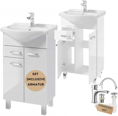 .Deftrans Lavabo avec Meuble de Salle de Bain - 85 x 50 x 30 cm - Blanc Brillant - avec lavabo et Robinet - Idéal pour Les Petites salles de Bains et Toilettes d'invités