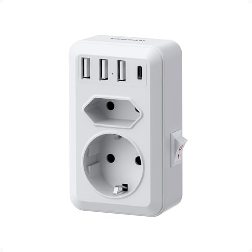 TESSAN Doppelstecker für Steckdose mit 1 USB C und 3 USB A, Weiß | 4000W Mehrfachsteckdose, Steckdosenadapter 2 Fach mit Schalter, Mehrfachstecker für Steckdose Kompatibel mit Büro