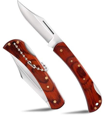 SPITZKANTE navaja plegable cuchillo de dos manos WEN-ZHU, 42a conforman, 440C acero, 6,1 cm de longitud de hoja, EDC navaja de bolsillo con mango de madera.